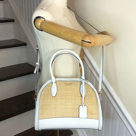 KATE SPADE White Leather Rattan Two Top Handle Tote Zipper Closure Crossbody Bag - Picture 11 of 17